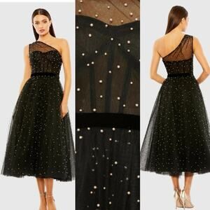 Mac Duggal One Shoulder Pearl Beaded Midi Ballgown Dress